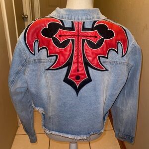 Life of sin faux leather patch denim jacket